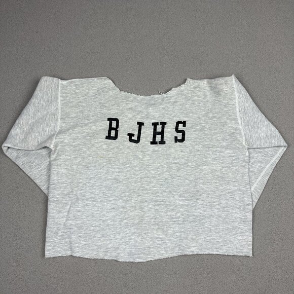 Vintage Cotton Sweatshirt Gray BJHS Print Overstitch Blank Front Cropped Cut 50s - Picture 9 of 11